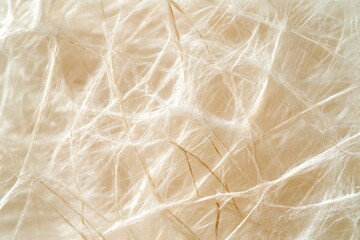 A macro shot revealing a delicate, intricate tangle of light-colored natural fibers and thin strands, forming a soft, textured pattern against a beige background.