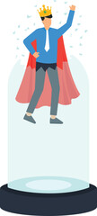 Successful businessman king wearing crown and red cape celebrating achievement inside glass display case top performer recognition business hero leadership concept