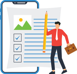 Businessman with pencil filling online form on smartphone. Digital checklist for task management. Mobile survey application for business solutions. Project management and customer feedback concept.