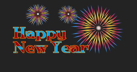 Colorful “Happy New Year” text with bright firework bursts on a dark background.