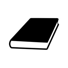 Stylized black and white illustration of a closed book on a surface