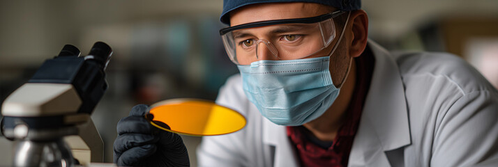 An attentive scientist inspects a yellow lens in a laboratory, emphasizing precision, research, and the quest for knowledge in the realm of scientific innovation and discovery.