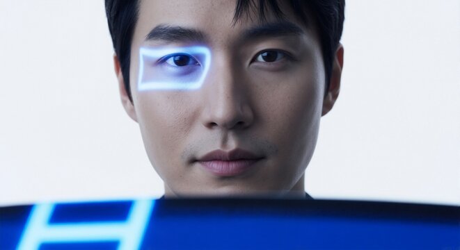Asian man with a futuristic heads-up display on his eye. Augmented reality and biometric technology concept. Close-up portrait with a focus on artificial intelligence and data