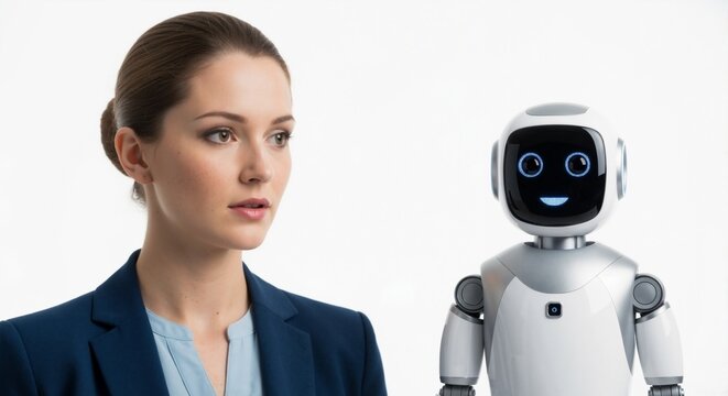 A professional businesswoman interacts with a friendly humanoid robot. Concept of artificial intelligence, future technology, and business automation. Copy space on a white background