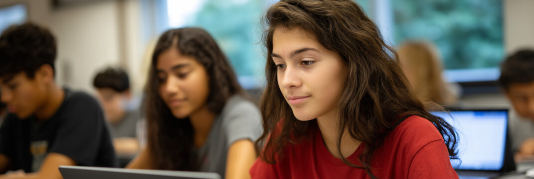 A contemplative student immersed in digital studies, illustrating the essence of technology-driven education and the pursuit of knowledge in a modern classroom environment. - Powered by Adobe