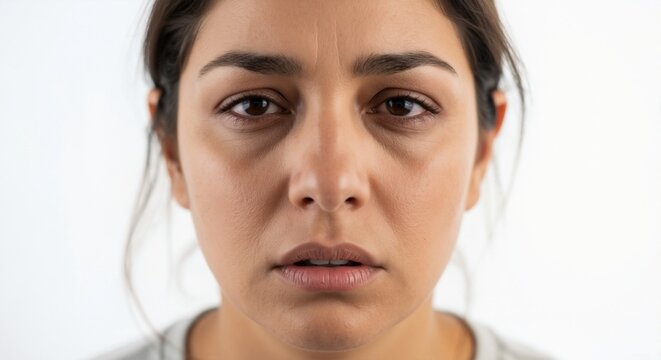 Close-up of a tired woman's face with wrinkles and dark circles under her eyes. Skin aging, fatigue, and stress concept. Natural unretouched skin for dermatology and skincare
