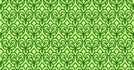 Bright green seamless pattern with swirling ornamental black shapes in symmetrical repetition.