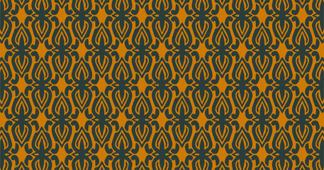 Brown and dark green seamless pattern with connected ornamental shapes resembling traditional motifs.