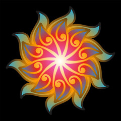 A warm-colored mandala with soft swirling petals in yellow and orange tones on a black background.