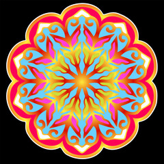 A colorful mandala with intricate symmetrical floral shapes and a glowing center.