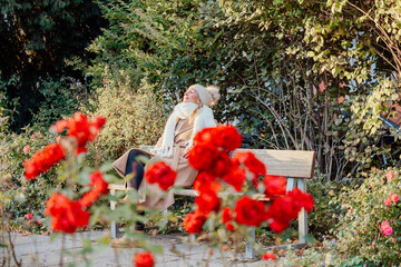 Woman with hat and scarf relaxes on park bench watching sunset glow surrounded by autumn colors and peace