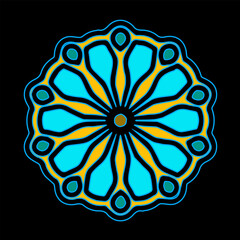 A bright blue and yellow mandala with symmetrical floral geometry on a dark background.
