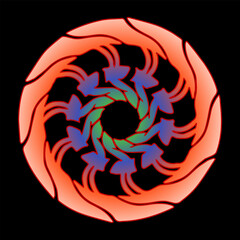 A vibrant spiral mandala with layered rotating shapes in orange, purple, and blue hues.