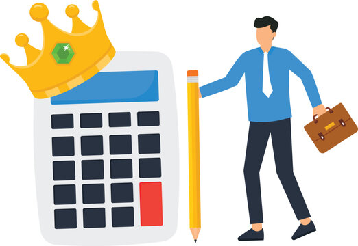 Businessman with calculator and crown symbolizing financial king premium accounting services budget management tax calculation business success investment strategy market analysis expert accountant - Powered by Adobe