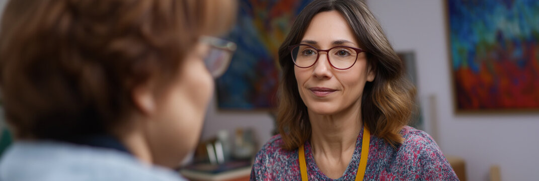 A close-up shot depicts a meaningful consultation between two women, showcasing engagement and empathy in the professional environment of a therapeutic setting.