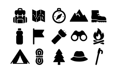 Essential silhouette camping icons featuring backpack, map, and compass