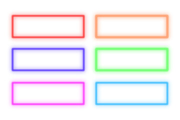 Rectangular line neon light text box frame, button, set of colorful shaped object elements isolated on white background