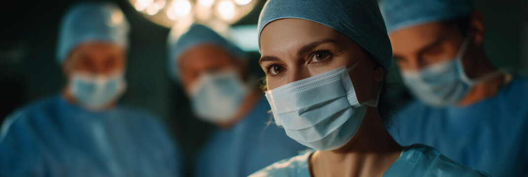 A team of surgeons intensely focused on an operation, showcasing professionalism and precision in a sterile and high-stakes healthcare environment.