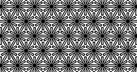 Black and white star-like geometric seamless pattern with sharp symmetrical repeating shapes.