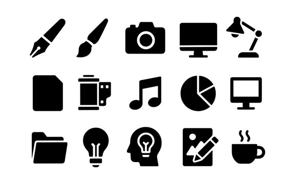 Essential icon set for creative and office use in bold silhouette style