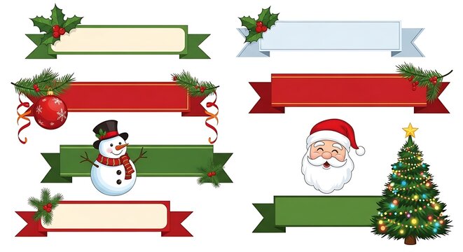 Collection of christmas themed banners with santa, snowman, and tree