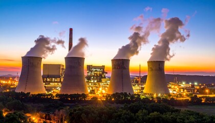 Industrial Power Plant at Dusk - Energy Production and Environmental Impact.
