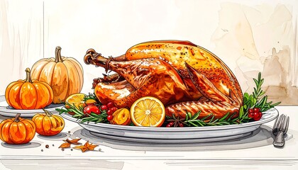 Festive Thanksgiving Turkey Feast with Pumpkins and Garnishes.