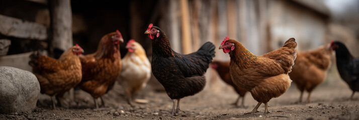 A group of free-range chickens confidently strolling around their farm environment, highlighting the natural behaviors of poultry and the importance of ethical farming.