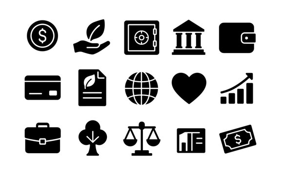 Comprehensive collection of financial, environmental, and business icons in black silhouette - Powered by Adobe
