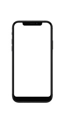 A sleek black smartphone with rounded corners and a dark screen isolated on transparent background