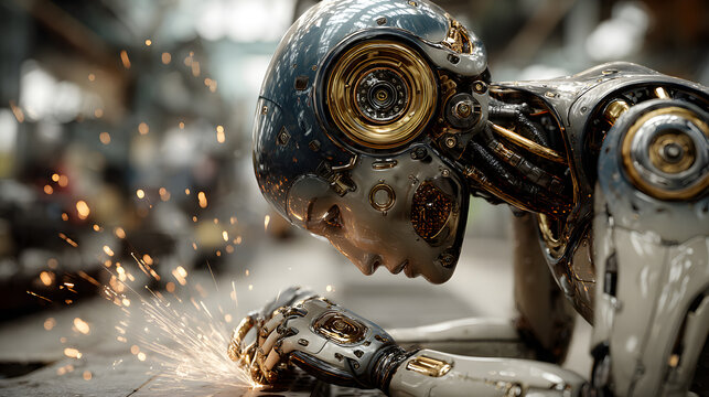 3D Render: Portrait of Advanced Humanoid Robot in Industrial Environemnt. Industrial Automation AI Accelerated: Autonomous AI Powered Humanoid Robots Work at Factory on Assembly Line.