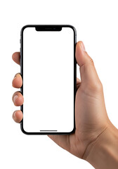 Close up of a person s hand holding a modern smartphone with a blank black screen isolated on transparent background