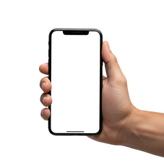 Close up of a human hand holding a modern smartphone with a blank black screen isolated on transparent background