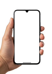 Close up of a human hand holding a modern smartphone with a black screen isolated on transparent background