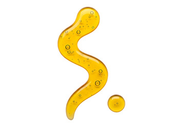 Abstract yellow wavy liquid gel with small bubbles and a small droplet isolated on transparent background
