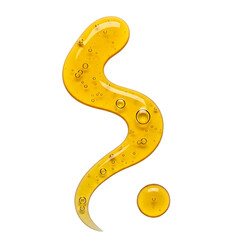 A bright yellow viscous liquid in a question mark shape with a dot below isolated on transparent background