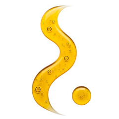 Abstract golden wavy liquid shape with small bubbles and a circular droplet isolated on transparent background