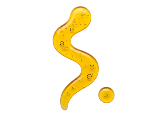 Abstract yellow wavy liquid gel with small bubbles and a small droplet isolated on transparent background - Powered by Adobe