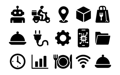 Modern icons set: delivery, technology, and dining essentials in bold silhouette style