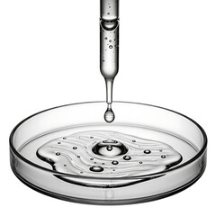 Clear liquid dropping from pipette into petri dish creating ripples and bubbles isolated on transparent background