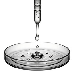 Close up of a glass dropper dispensing liquid into a petri dish creating ripples and drops isolated on transparent background