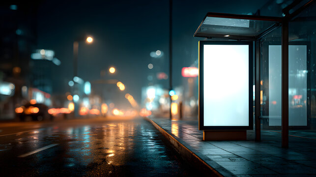 Blank luminous advertising display on illuminated street, ideal for nighttime marketing campaigns.