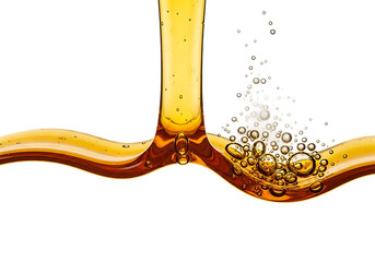 Golden viscous liquid flowing and splashing with tiny mechanical gears and bubbles isolated on transparent background