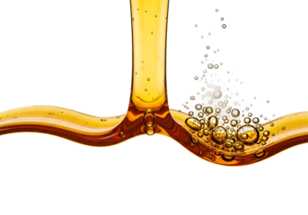 Golden viscous liquid flowing and splashing with tiny mechanical gears and bubbles isolated on transparent background