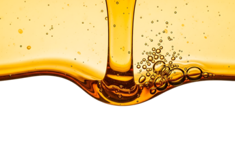 Viscous golden liquid pouring and creating bubbles with a dark background isolated on transparent background
