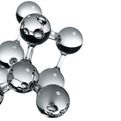 Abstract metallic molecular structure with interconnected spheres representing atoms isolated on transparent background