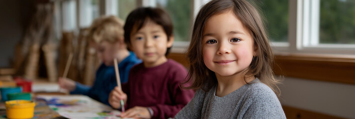 A young girl smiles brightly while engaging in art activities alongside classmates, capturing the essence of childhood joy, creativity, and collaboration in an inspiring environment.
