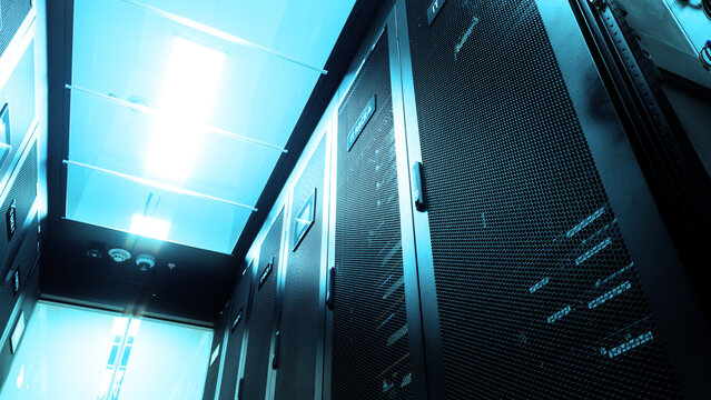 Modern Server Room with Blue Lighting