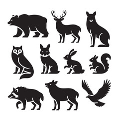 Black Silhouettes of Forest Animals Set - Vector Wildlife Icons including Bear, Deer, Owl, Rabbit, and Eagle