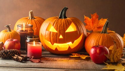 Halloween pumpkins and candles on a wooden table, autumn decoration.
